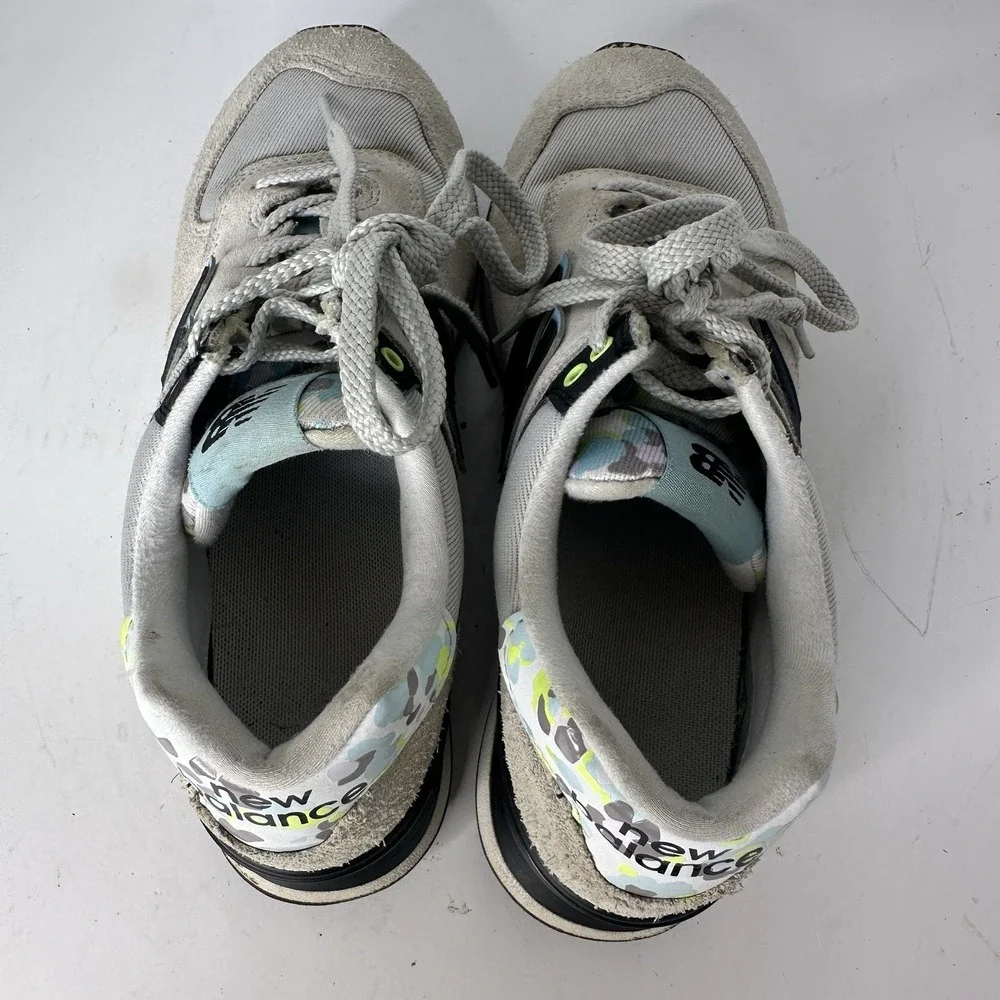 New Balance Womens 574 Running Shoes Rain Cloud Blue Camo Suede Sneaker Size 7.5